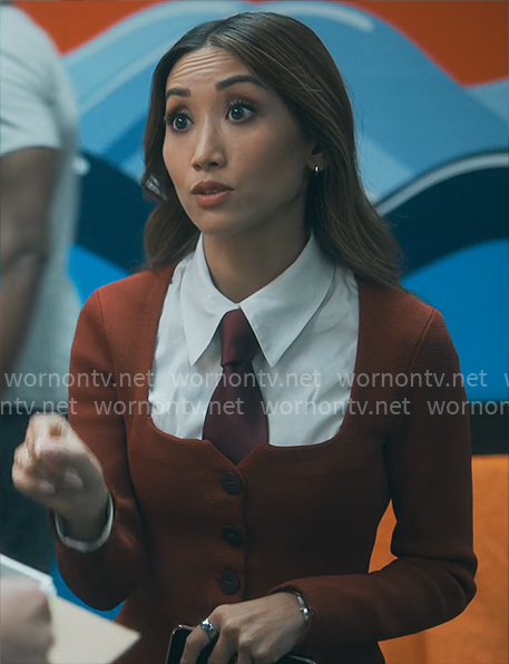 Ali's red square-neck cardigan on Running Point