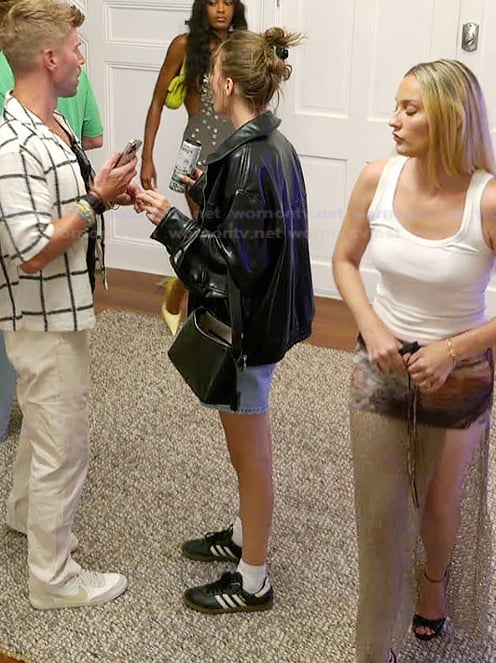 Amanda's leather jacket and denim shorts on Summer House