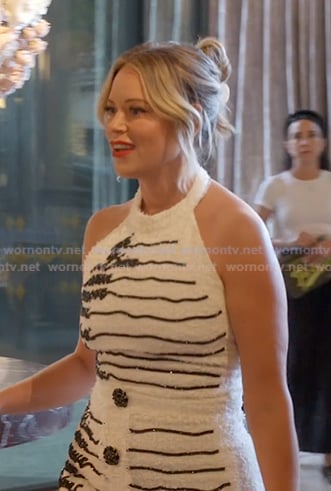 Amanda's white striped boucle top and mini skirt on The Real Housewives of Beverly Hills