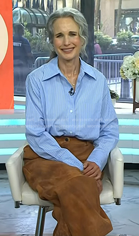 Andie MacDowell's blue striped shirt and suede pants on Today