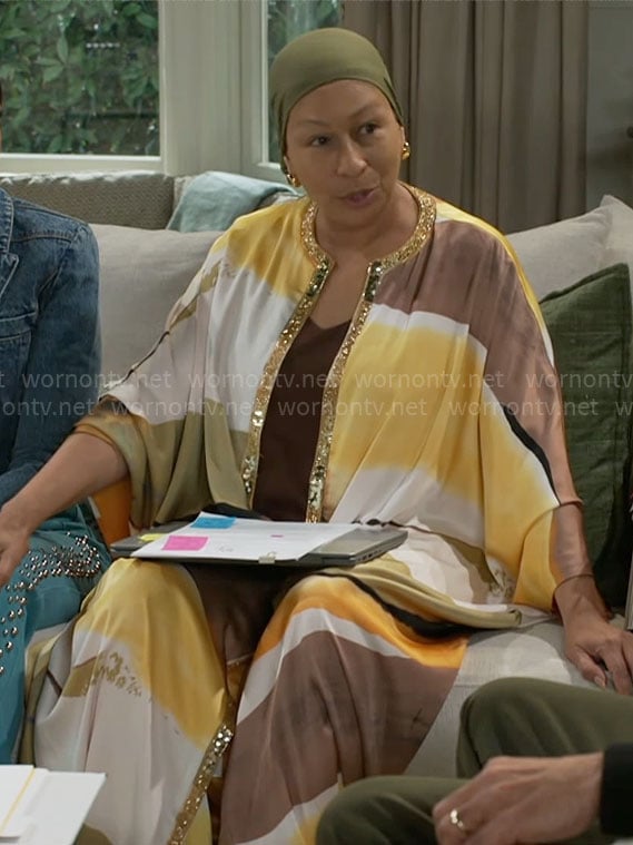 Anita's yellow and brown printed robe and pants set on Beyond the Gates