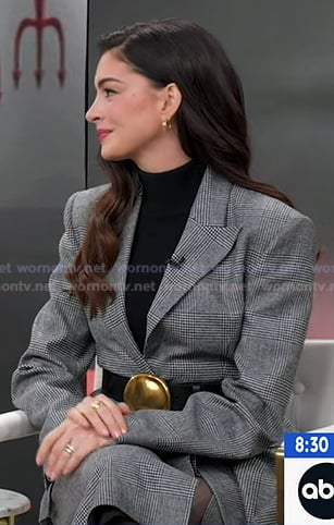 Anne Hathaway's grey plaid blazer and skirt on Good Morning America
