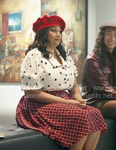 Bela's polka dot top and red printed skirt on Ghosts