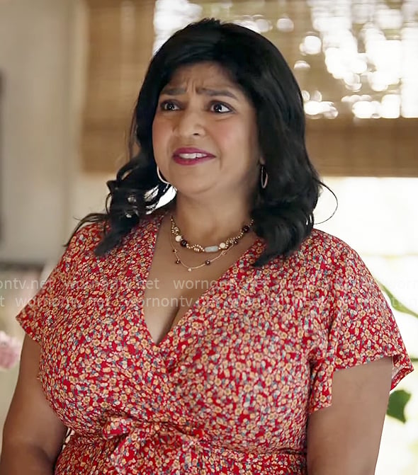 Bela's red floral wrap dress on Ghosts