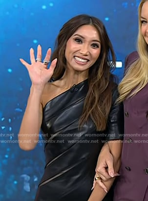 Brenda Song's black one-shoulder leather dress on Today