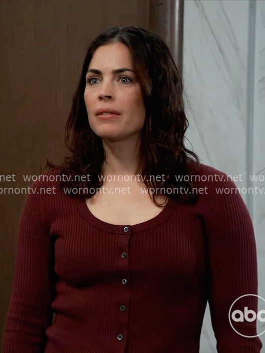 Britt's burgundy scoop neck cardigan on General Hospital