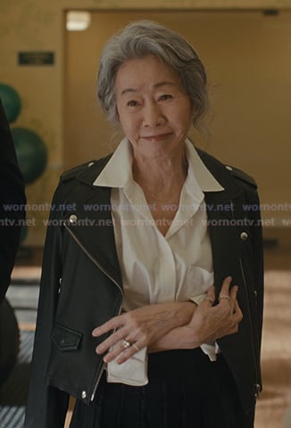 Chairwoman Park's black leather moto jacket on Beef