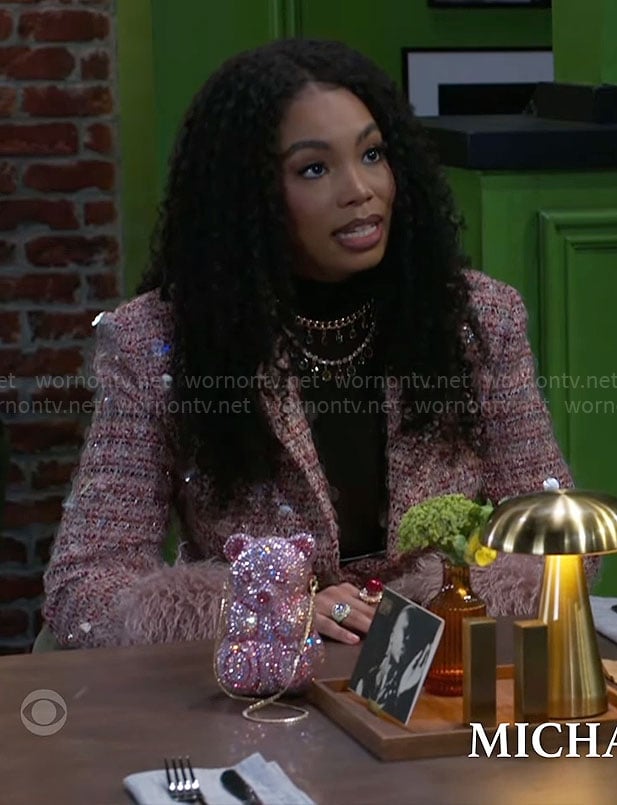 Chelsea's pink tweed jacket with fur cuffs and bear bag on Beyond the Gates
