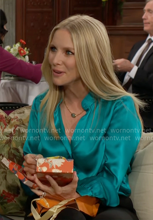 Christine's turquoise satin shirt on The Young and the Restless