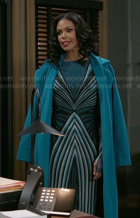 Dani's turquoise blue geometric print mesh dress and coat on Beyond the Gates
