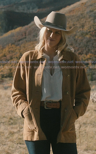 Dolly's white tie neck blouse and suede jacket on Marshals