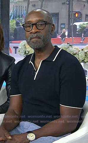 Don Cheadle's navy contrast trim polo on Today