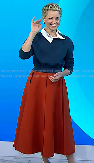 Elizabeth Banks's navy collared top and red skirt on Today