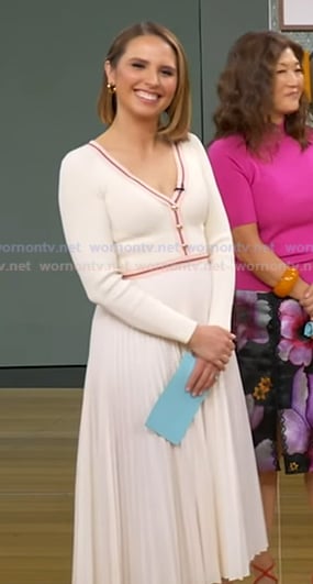 Elizabeth's white v-neck pleated knit dress on Good Morning America