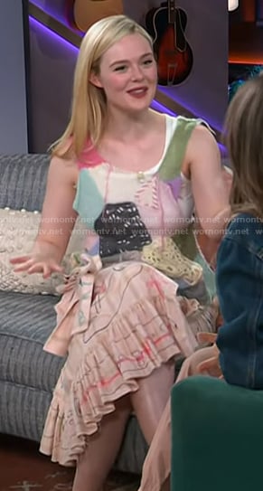 Elle Fanning's patchwork knit vest and printed skirt on The Kelly Clarkson Show