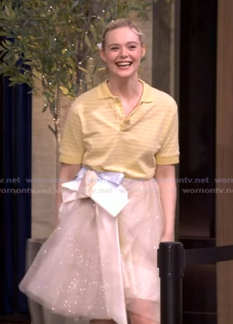 Elle Fanning's yellow striped polo and tulle skirt on Live with Kelly and Mark