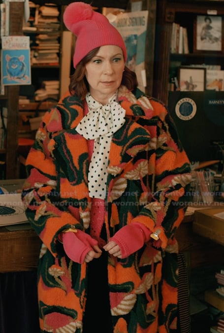 Elsbeth's mushroom print fleece coat on Elsbeth