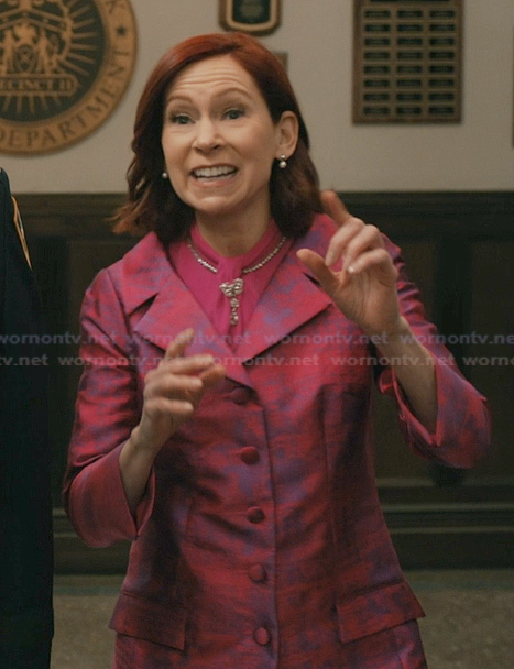 Elsbeth's pink jacquard coat dress on Elsbeth