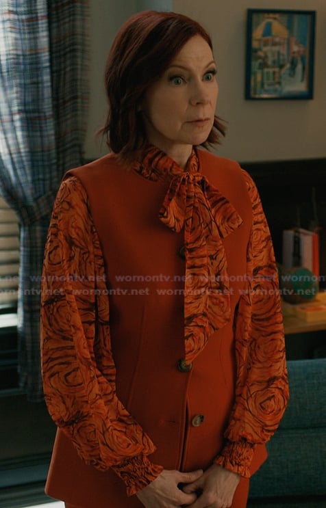 Elsbeth's red rose print tie neck blouse on Elsbeth