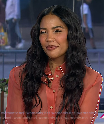 Emma Grede's pink organza shirt and pencil skirt on Today