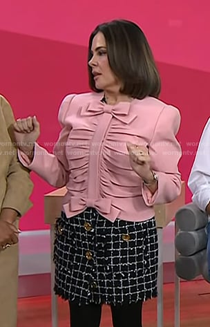 Erica Taylor's pink gathered bow top and black tweed skirt on Today