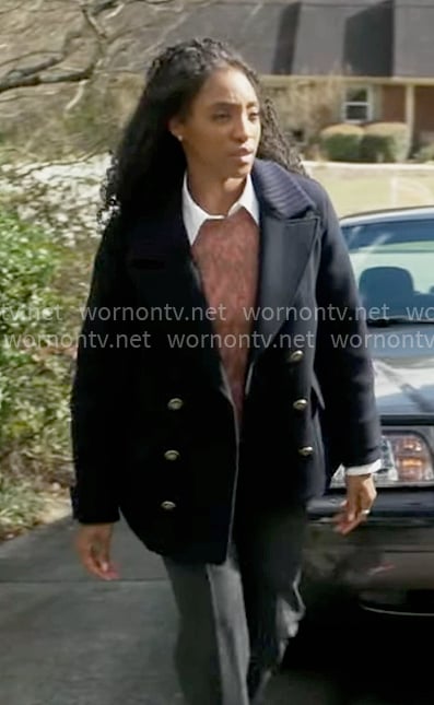 Faith's navy pea coat on Will Trent