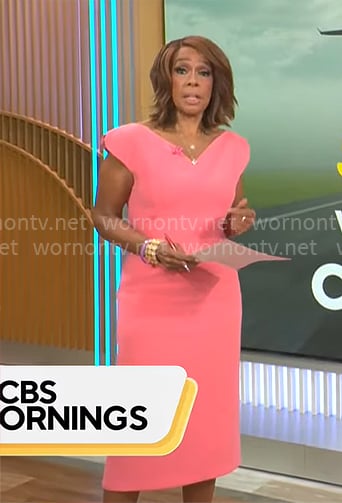 Gayle King's coral pink v-neck sheath dress on CBS Mornings