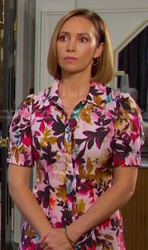 Gwen's pink floral short sleeve shirtdress on Days of our Lives