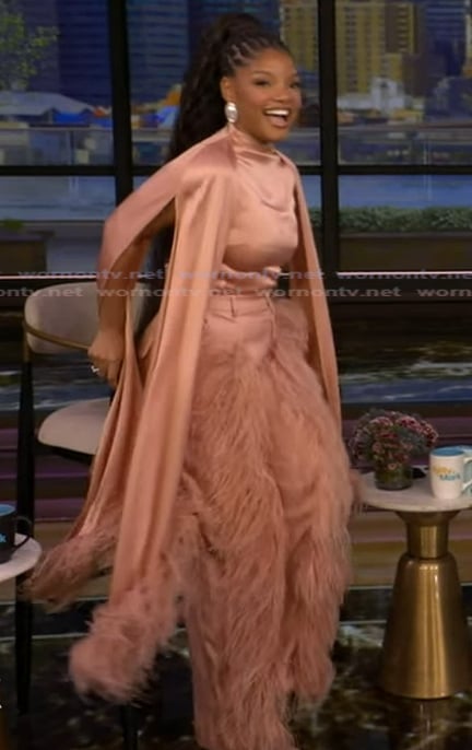 Halle Bailey's pink feather trim pants on Live with Kelly and Mark