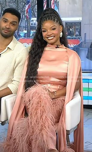 Halle Bailey's pink silk cape top and feather trim pants on Today