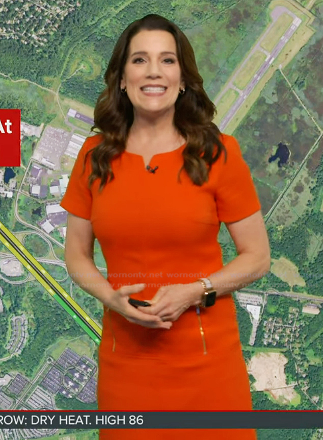 Heather's red dress with gold zipper pocket on Good Morning America