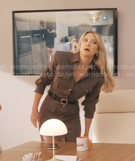 Isla's brown shirtdress on Running Point