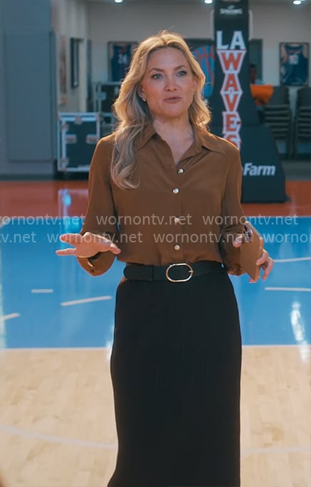 Isla's brown blouse with gold buttons on Running Point