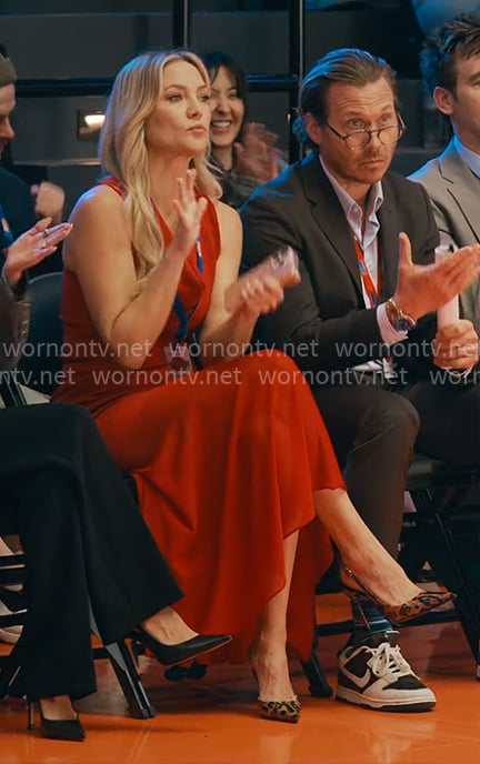 Isla's red cowl neck dress and leopard heels on Running Point
