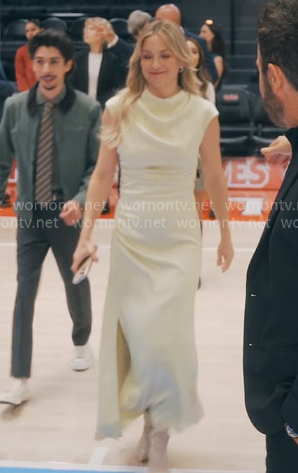 Isla's yellow satin maxi dress on Running Point