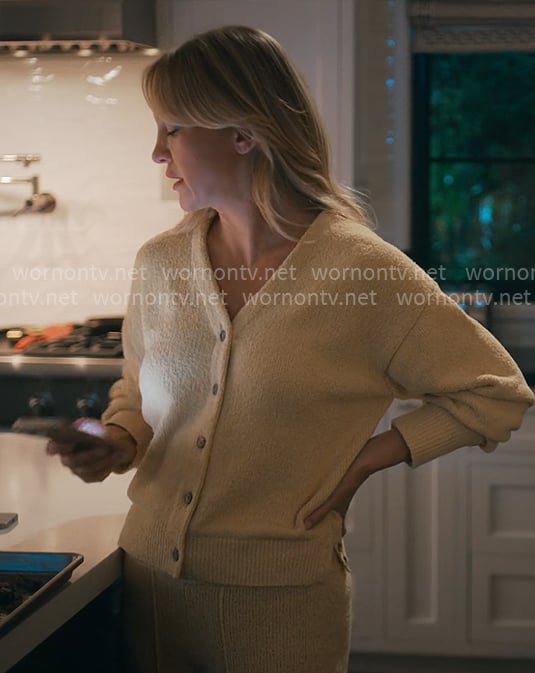 Isla's yellow textured knit cardigan and pants set on Running Point