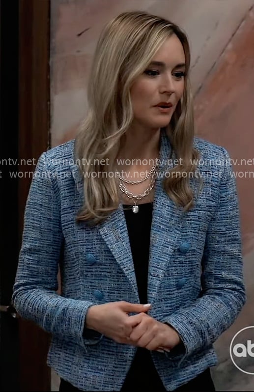 Jacinda's blue tweed blazer on General Hospital
