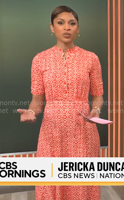 Jericka Duncan's red printed dress on CBS Mornings
