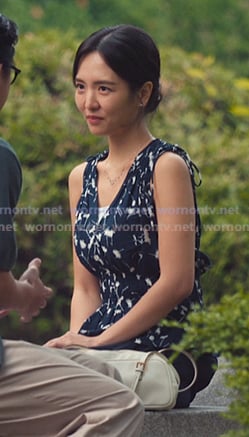 Jiwon's navy floral v-neck top on XO Kitty