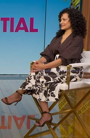 Judy Reyes's brown blouse and ivory floral skirt on Good Morning America