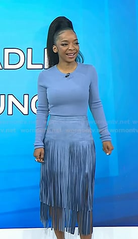 Kara Young's blue top and fringed skirt on Today