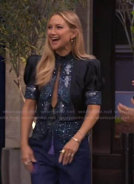 Kate Hudson's blue embellished crop top on Live with Kelly and Mark