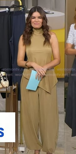Kathy Buccio's beige asymmetric hem top and pants on Good Morning America