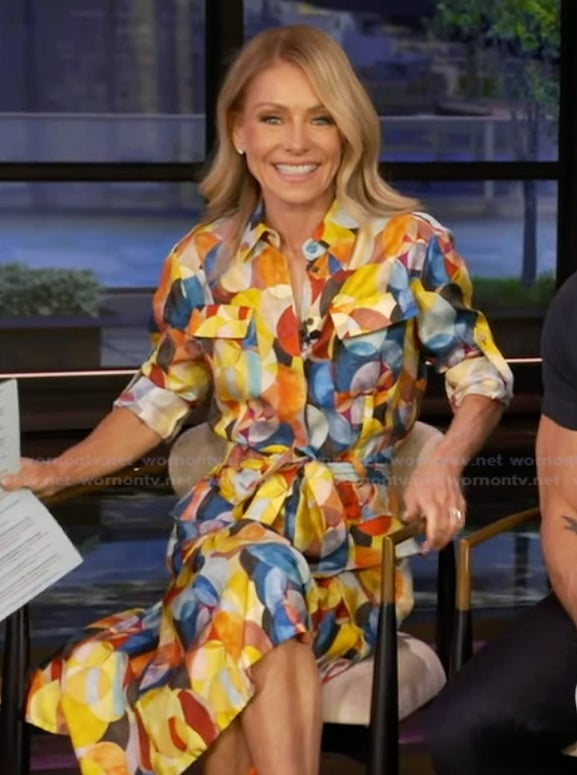 Kelly's multicolor printed shirtdress on Live with Kelly and Ryan