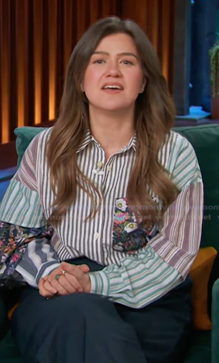 Kelly's patchwork print blouse on The Kelly Clarkson Show