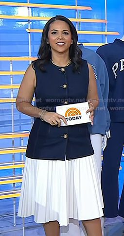 Laura's denim vest and white pleated skirt on Today