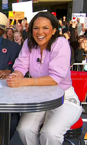 Laura's pink top and white embellished jeans on Today