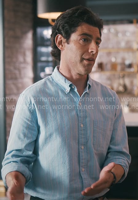 Lev's blue striped shirt on Running Point