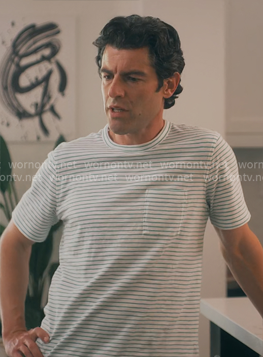 Lev's blue striped t-shirt on Running Point