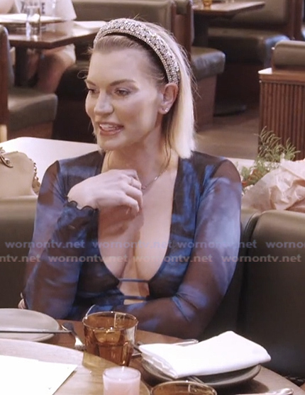 Lindsay's blue printed mesh dress on Summer House